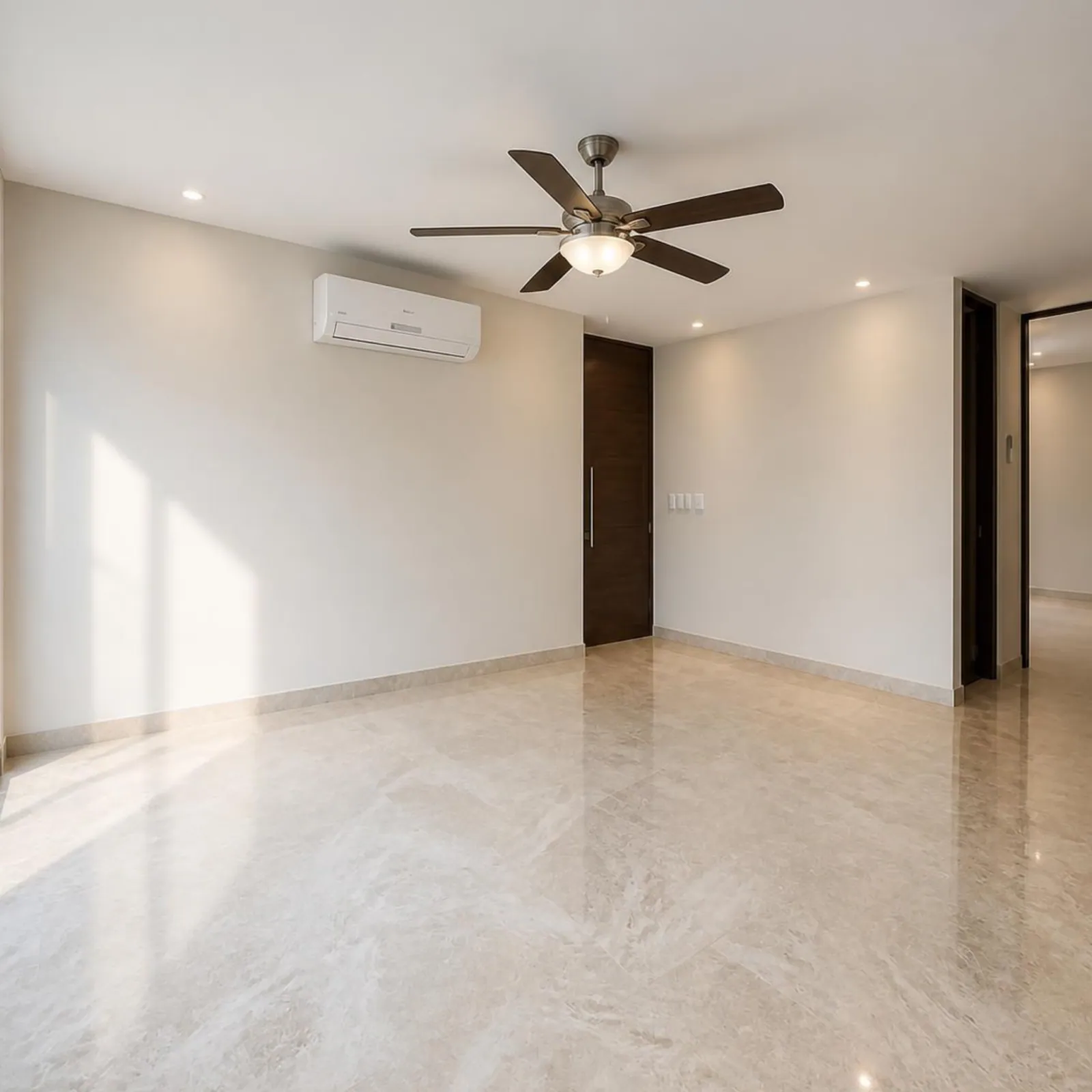 Sala vacía con piso de mármol pulido, minisplit y puerta de madera