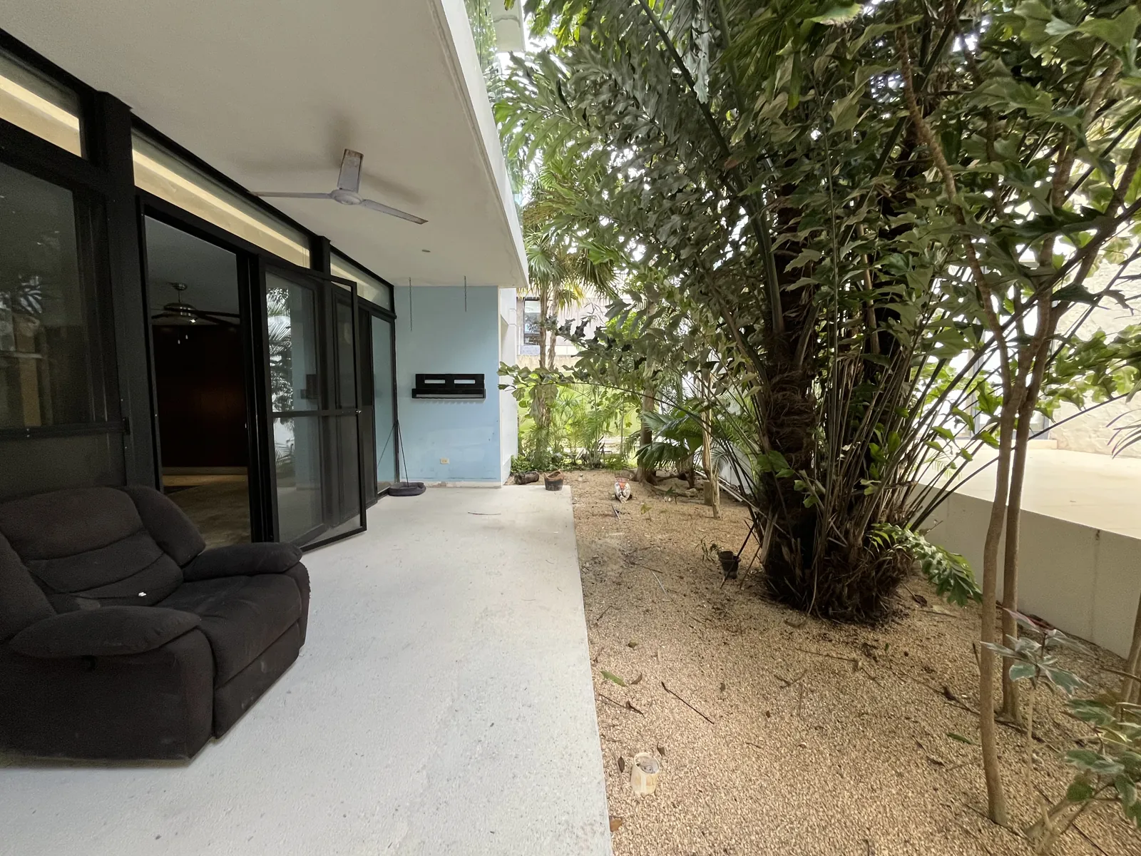 Terraza y jardín privado en planta baja, con vegetación madura y acceso directo